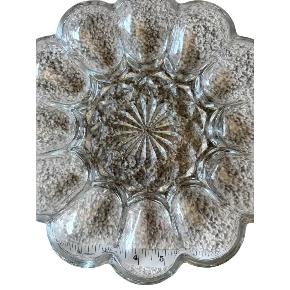 Vintage Clear Pressed Glass Deviled Egg Platter 12 Slot Round Starburst  9in